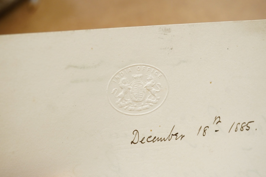 A letter from Randolph Churchill, on blind embossed India office headed notepaper, dated December 18th 1885, reading;, Sir, I beg to acknowledge the receipt of your letter of the 17th instant. I am, Sir, Yours Faithfully